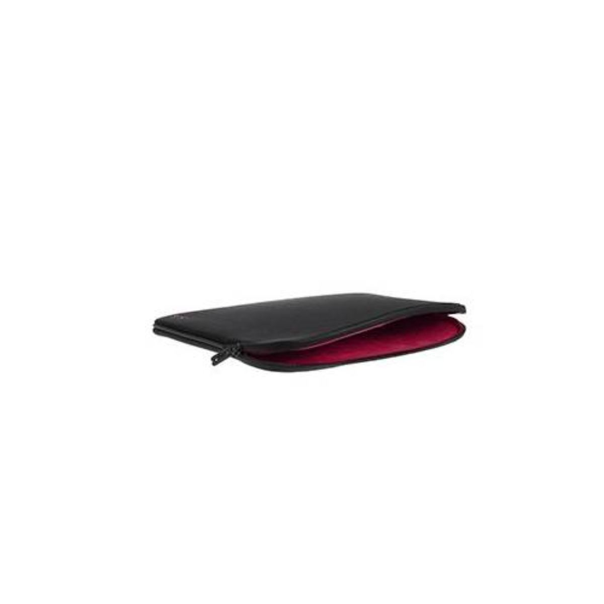 Housse noire pour ordinateur portable, fermée, avec intérieur rouge.