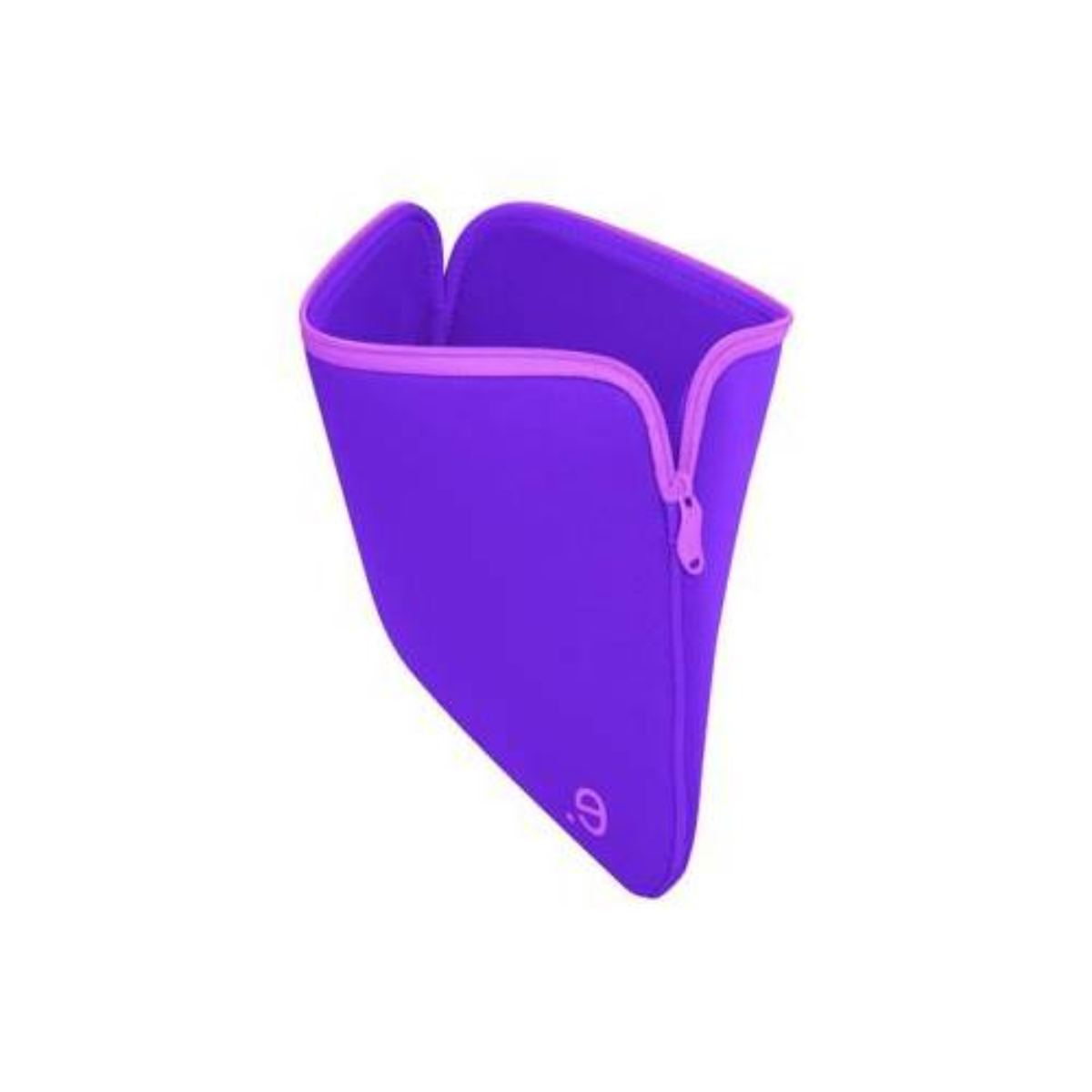Eine lila Laptoptasche mit pinkfarbenem Reißverschluss und kleinem weißem Logo unten.