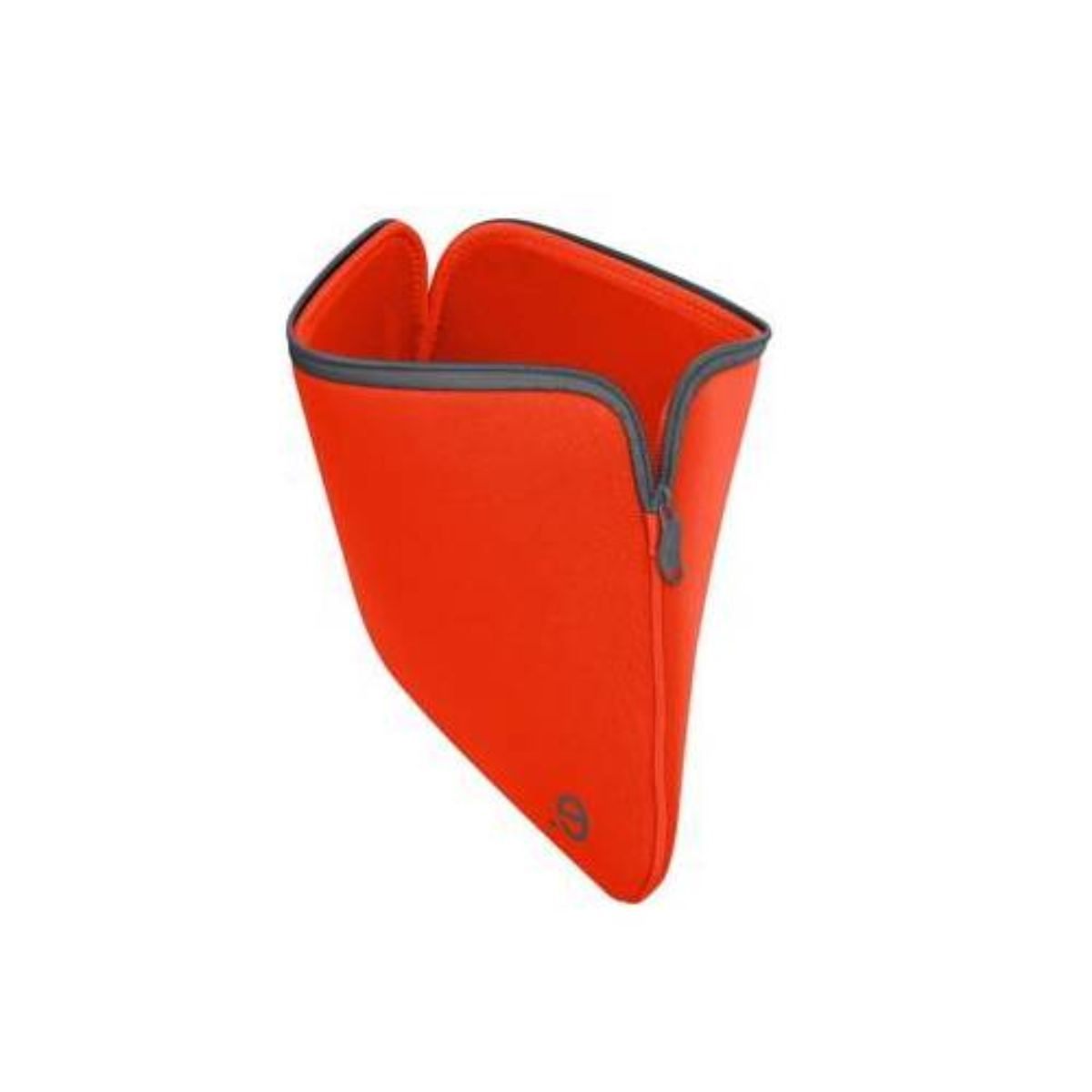 Eine orangefarbene Laptoptasche mit schwarzem Reißverschluss, geöffnet, um das Innere zu zeigen. Weißer Hintergrund.