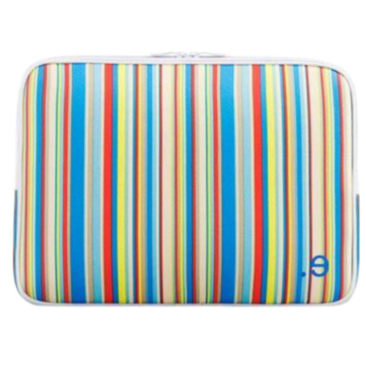 Eine bunt gestreifte Tasche. Die Tasche ist offen und hat einen weißen Rand. Der Hintergrund ist weiß.