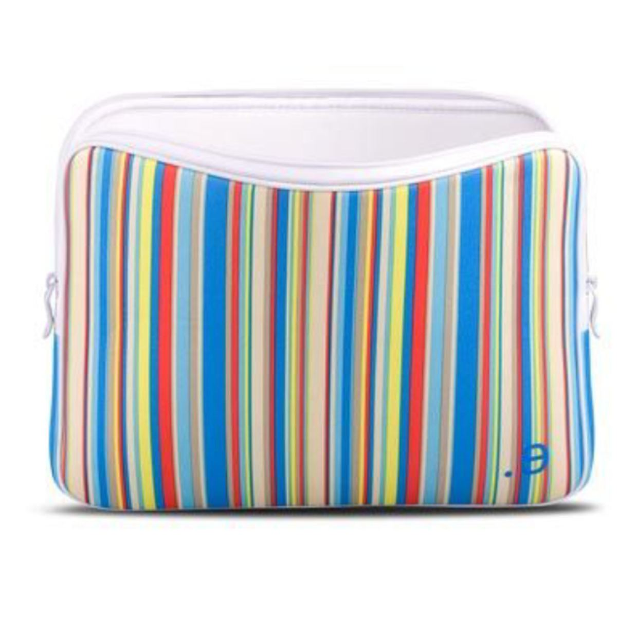 Eine farbenfrohe, gestreifte Laptoptasche mit vertikalen Streifen in Blau, Gelb, Rot und Beige.