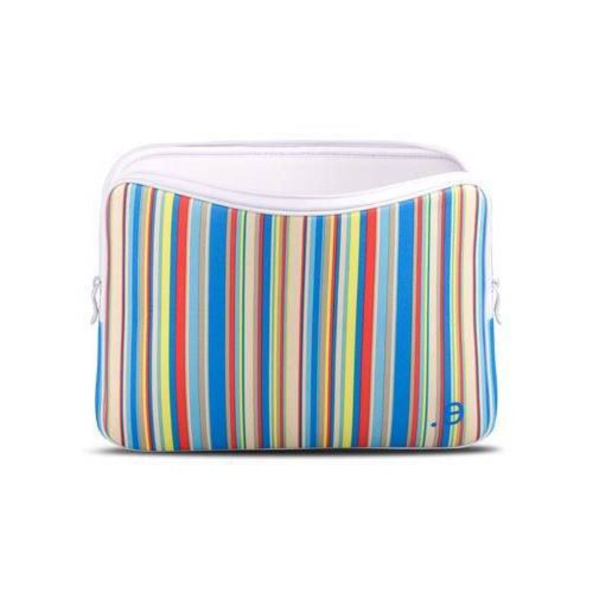 Un sac blanc et coloré à rayures avec une fermeture éclair. Le sac est ouvert et le fond est blanc.