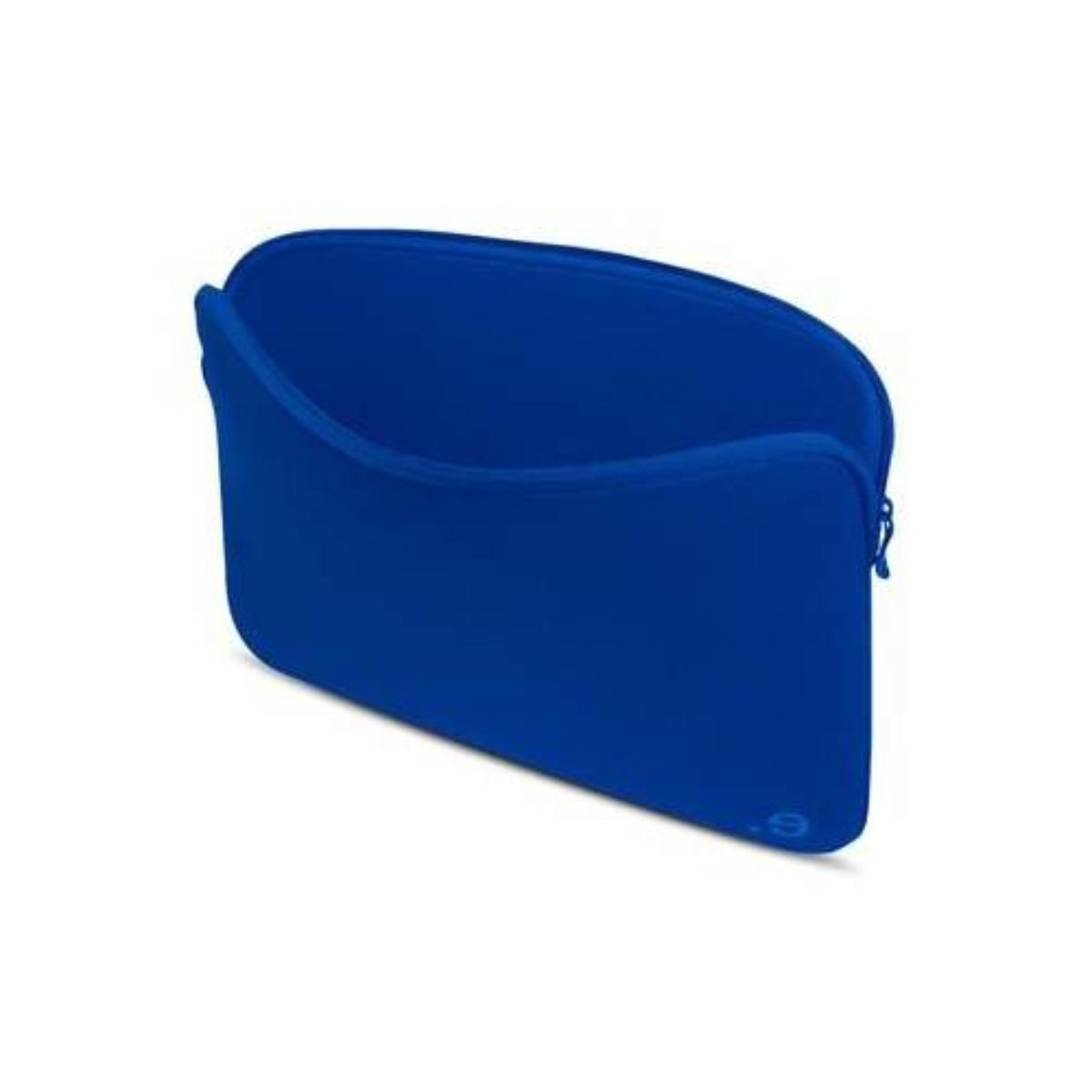 Blaue Laptoptasche, offen, mit geschwungener Form.