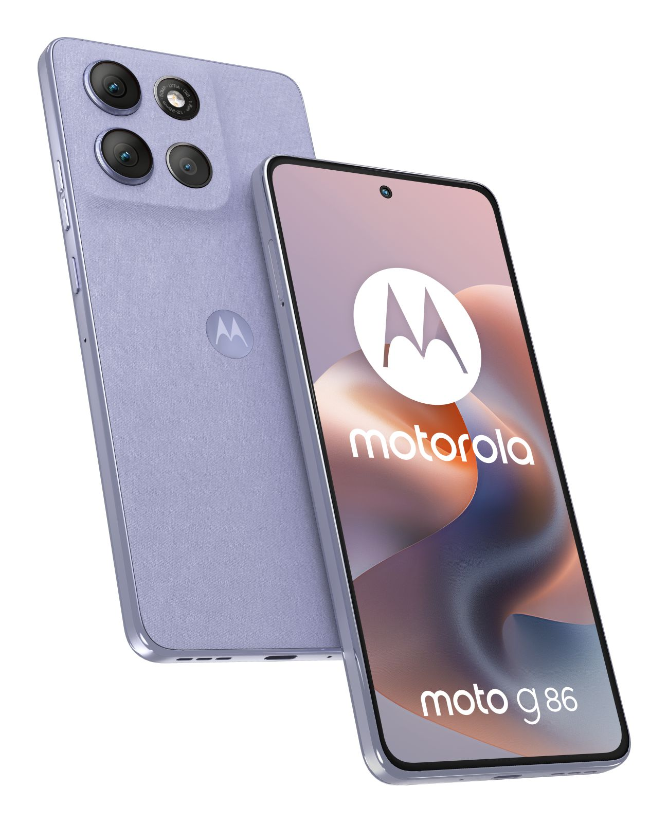 Jasnofioletowy telefon komórkowy z trzema obiektywami aparatu i logo Motorola na tylnej obudowie.