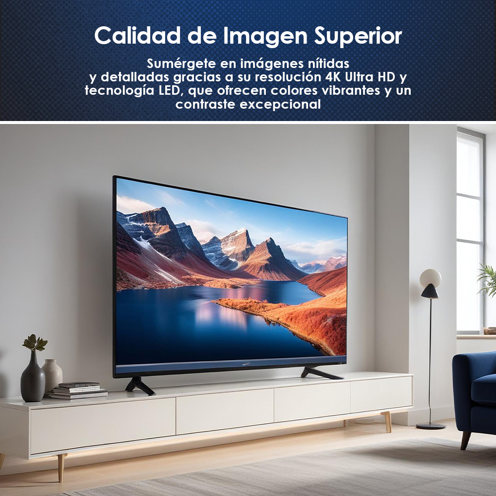 TV en un soporte, mostrando un paisaje de montaña y lago. Texto arriba: 'Calidad de Imagen Superior'.