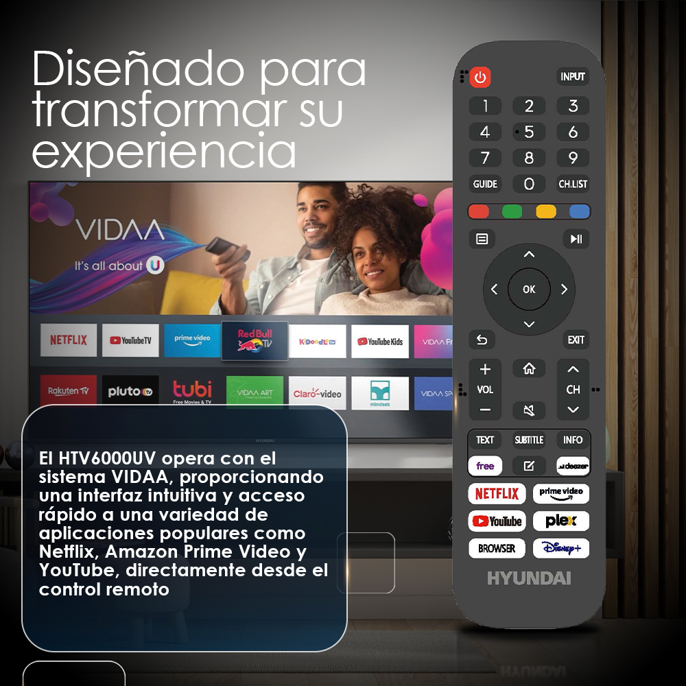TV y mando a distancia. El TV muestra una pareja e iconos de aplicaciones. El mando tiene muchos botones.