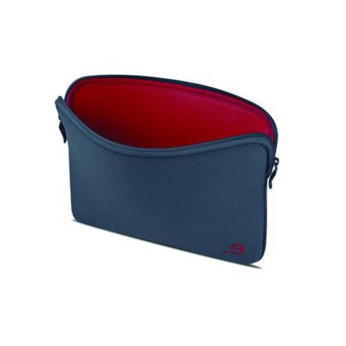 Custodia per laptop blu navy con interno rosso. Un logo rosso nell'angolo in basso a destra.