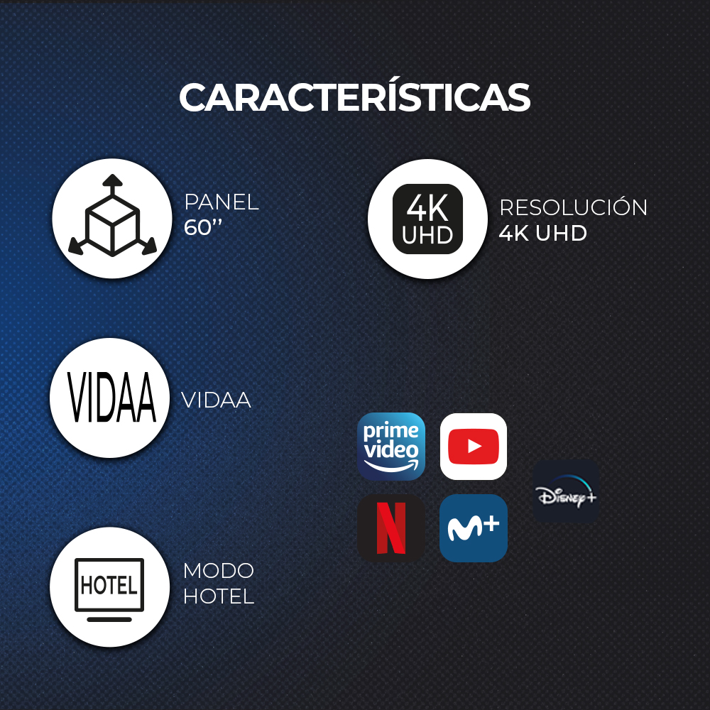 Iconos que representan las características de TV, como tamaño de pantalla, resolución, aplicaciones de transmisión y modo hotel.