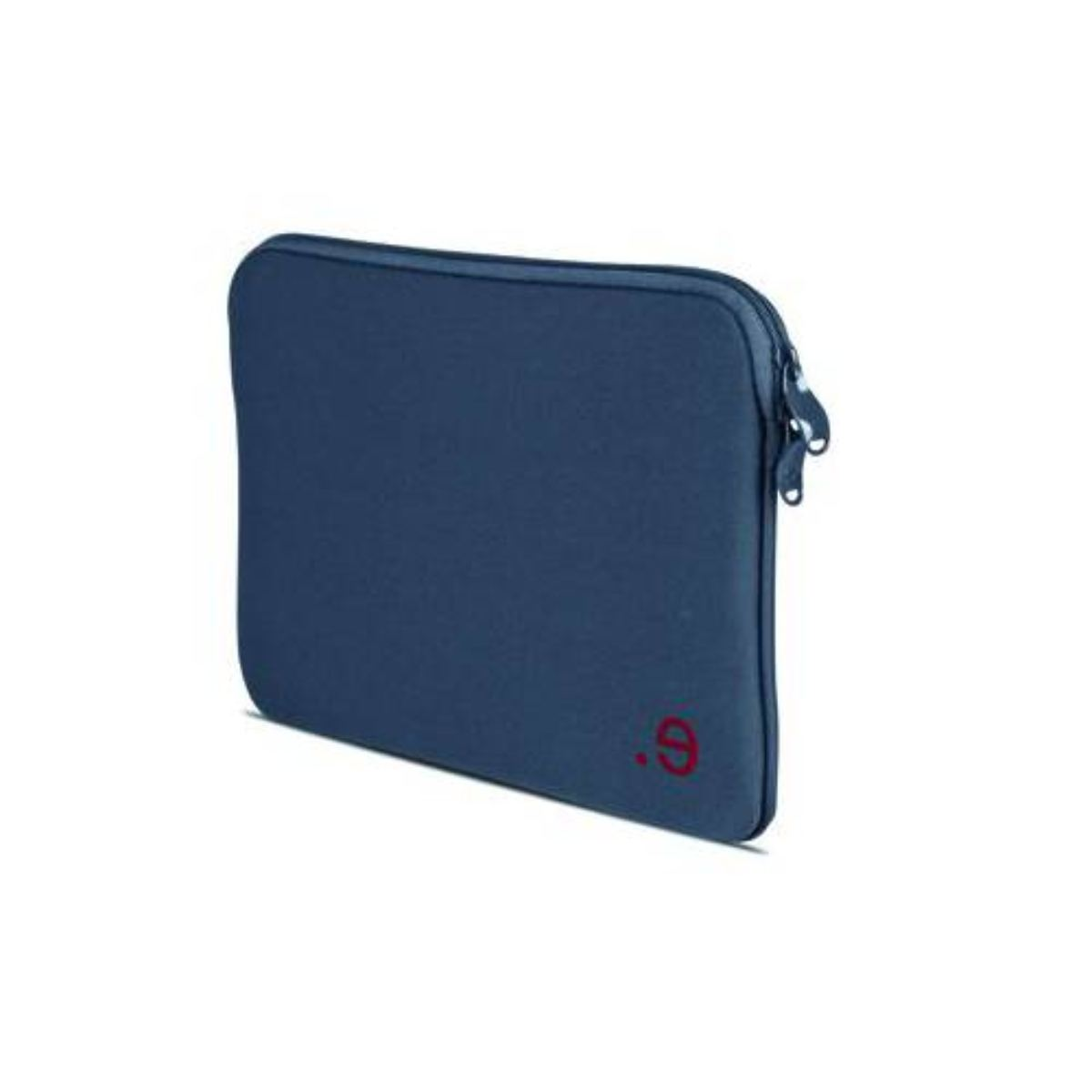 Custodia per laptop blu navy con cerniera. Logo rosso nell'angolo in basso a destra.