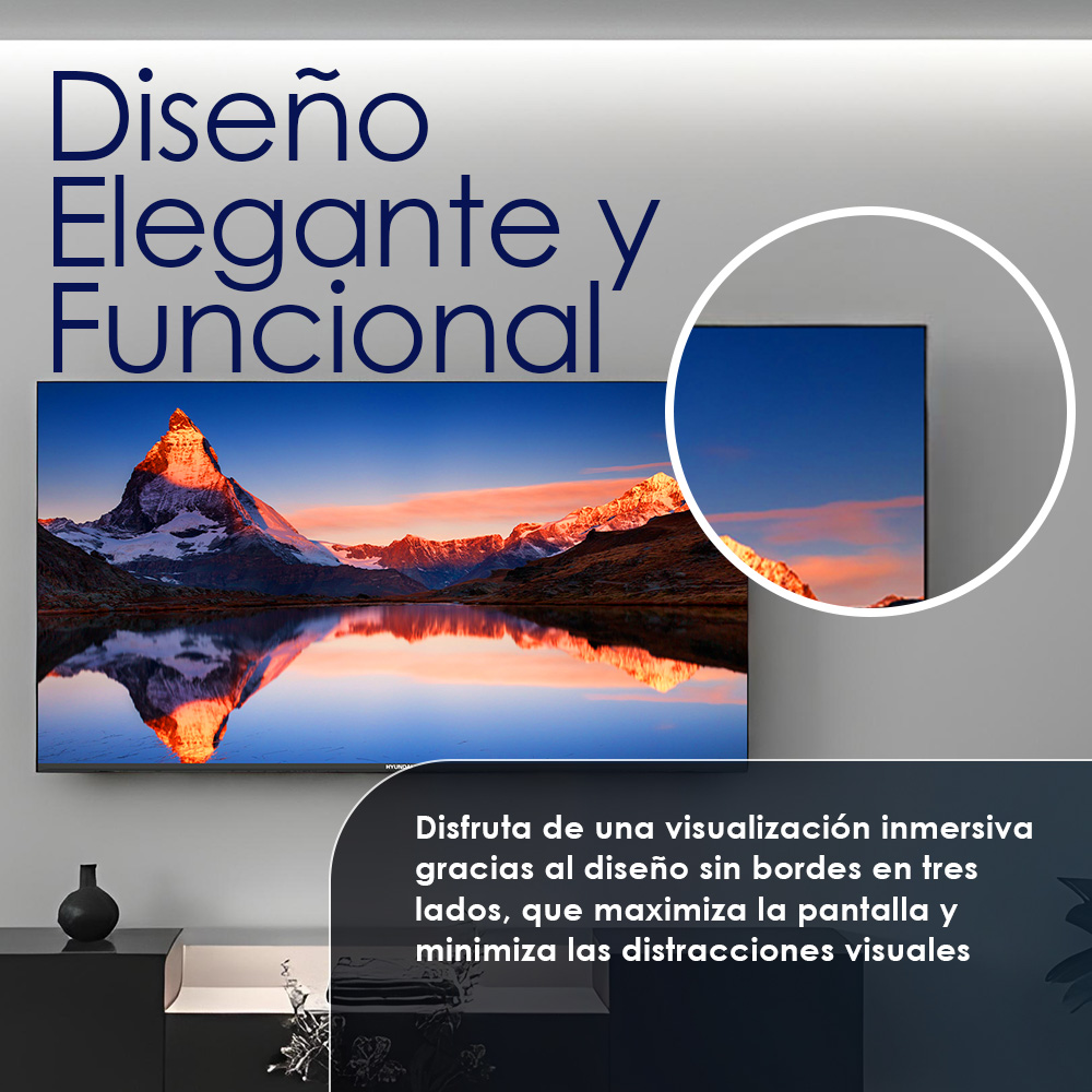 Una pantalla de TV muestra una escena de montaña nevada, enmarcada por un bisel moderno. El texto dice 'Diseño Elegante y Funcional'.