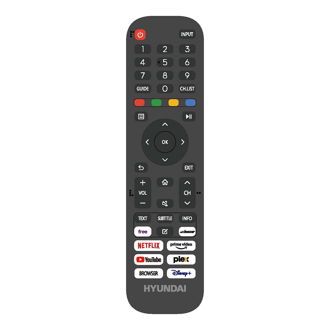 Un mando a distancia negro para TV con muchos botones y la marca HYUNDAI.