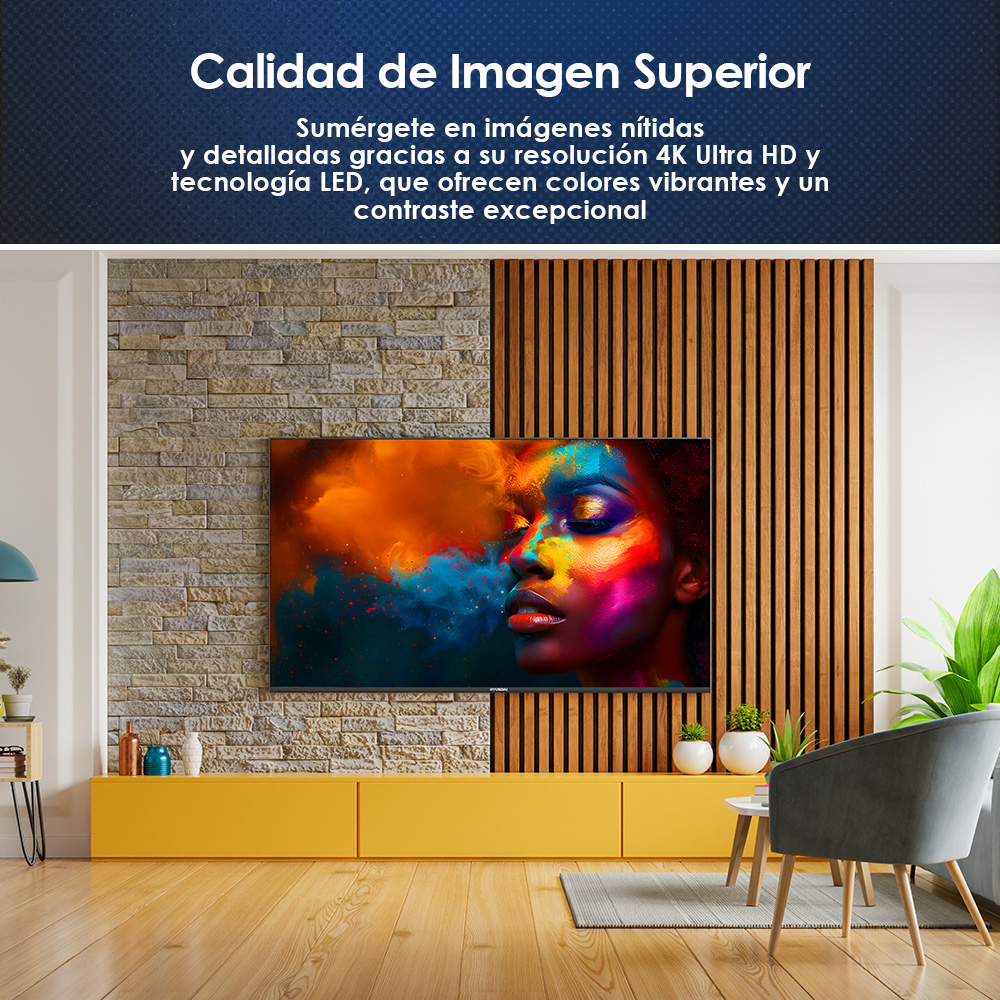 TV mostrando una cara colorida. El TV está sobre un mueble amarillo.