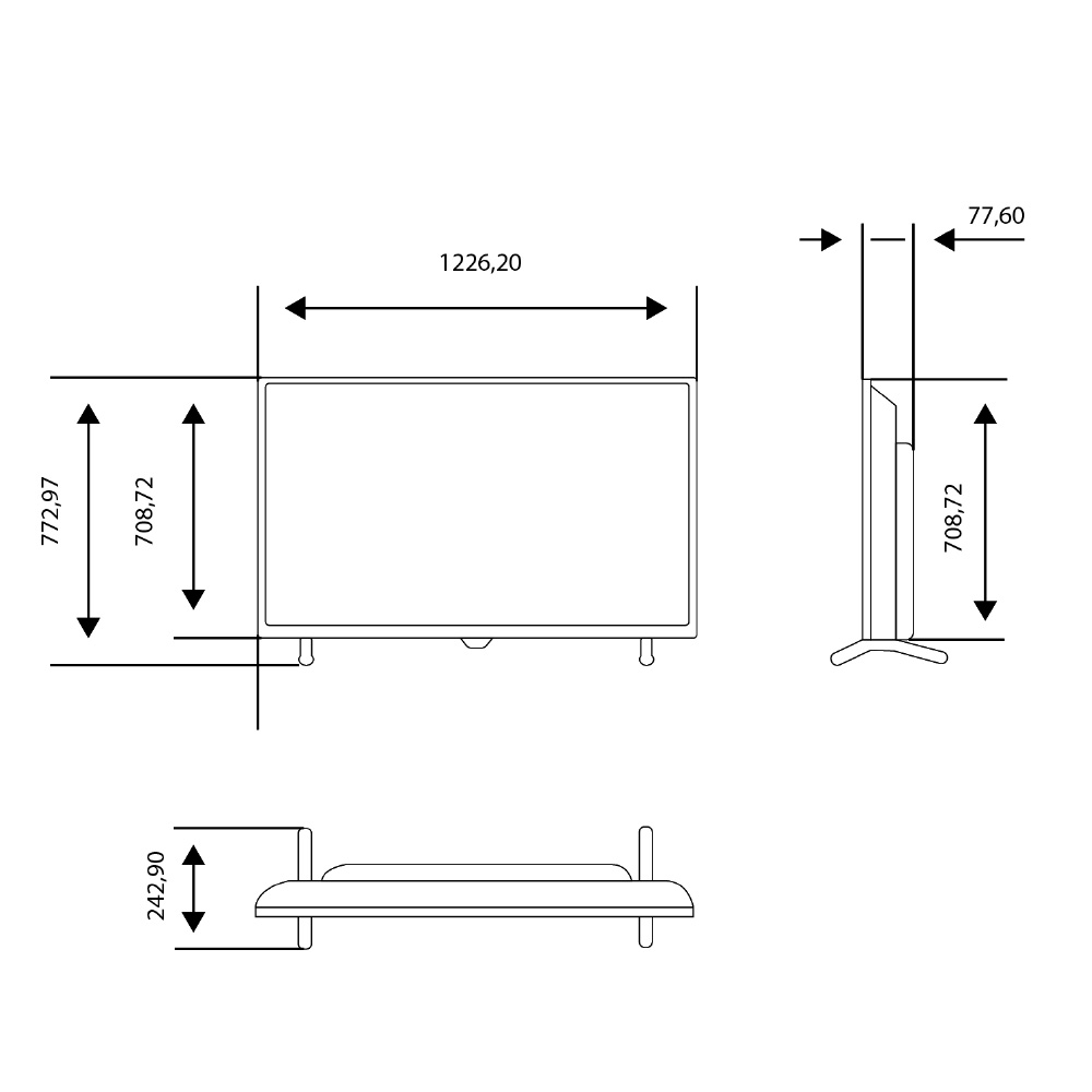 Diagrama de TV con dimensiones. Se muestran vistas frontal, lateral e inferior, con medidas numéricas.