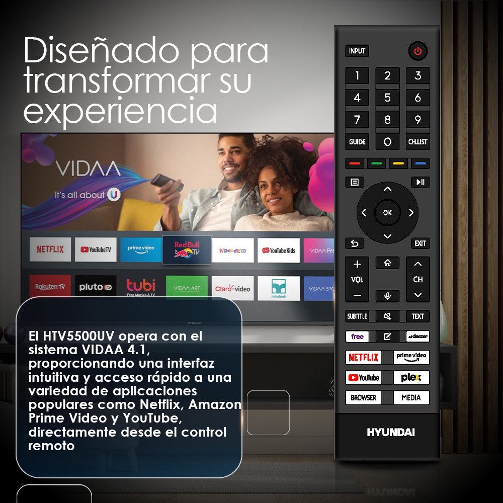 TV y mando a distancia. El TV muestra una pareja e iconos de aplicaciones. El mando tiene muchos botones.