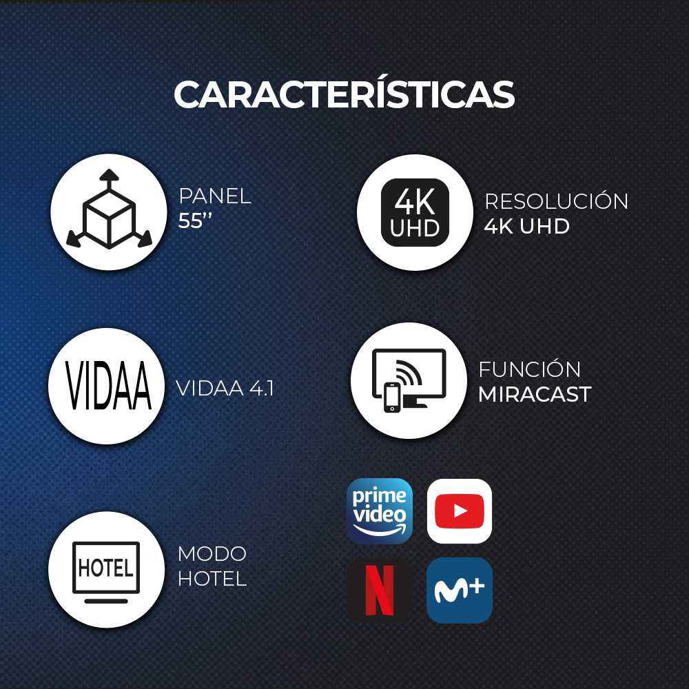 Infografía con iconos y texto que describe las características del televisor: pantalla de 55 pulgadas.