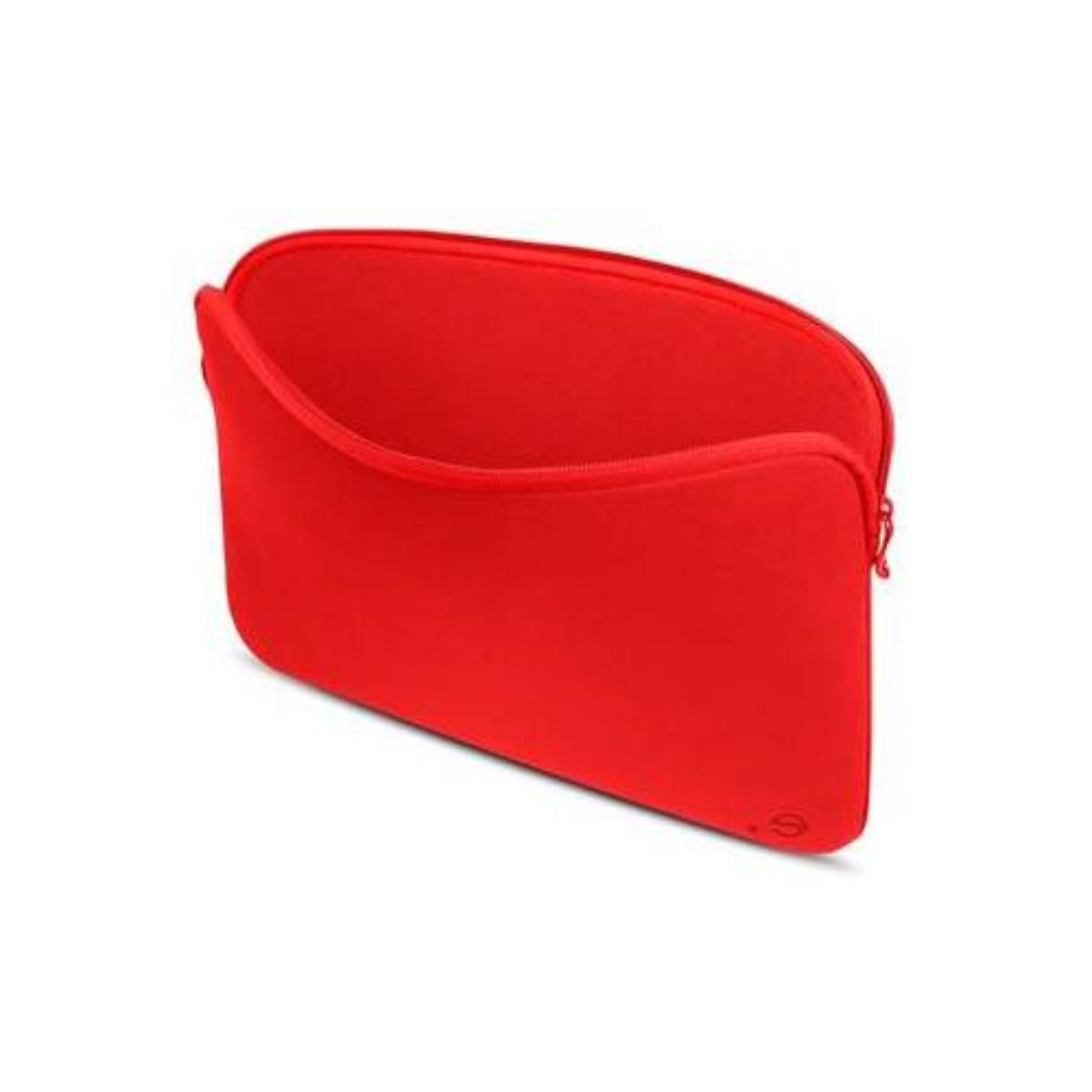 Eine rote Laptophülle, geöffnet, Innenansicht, mit Reißverschluss und Logo auf weißem Grund.