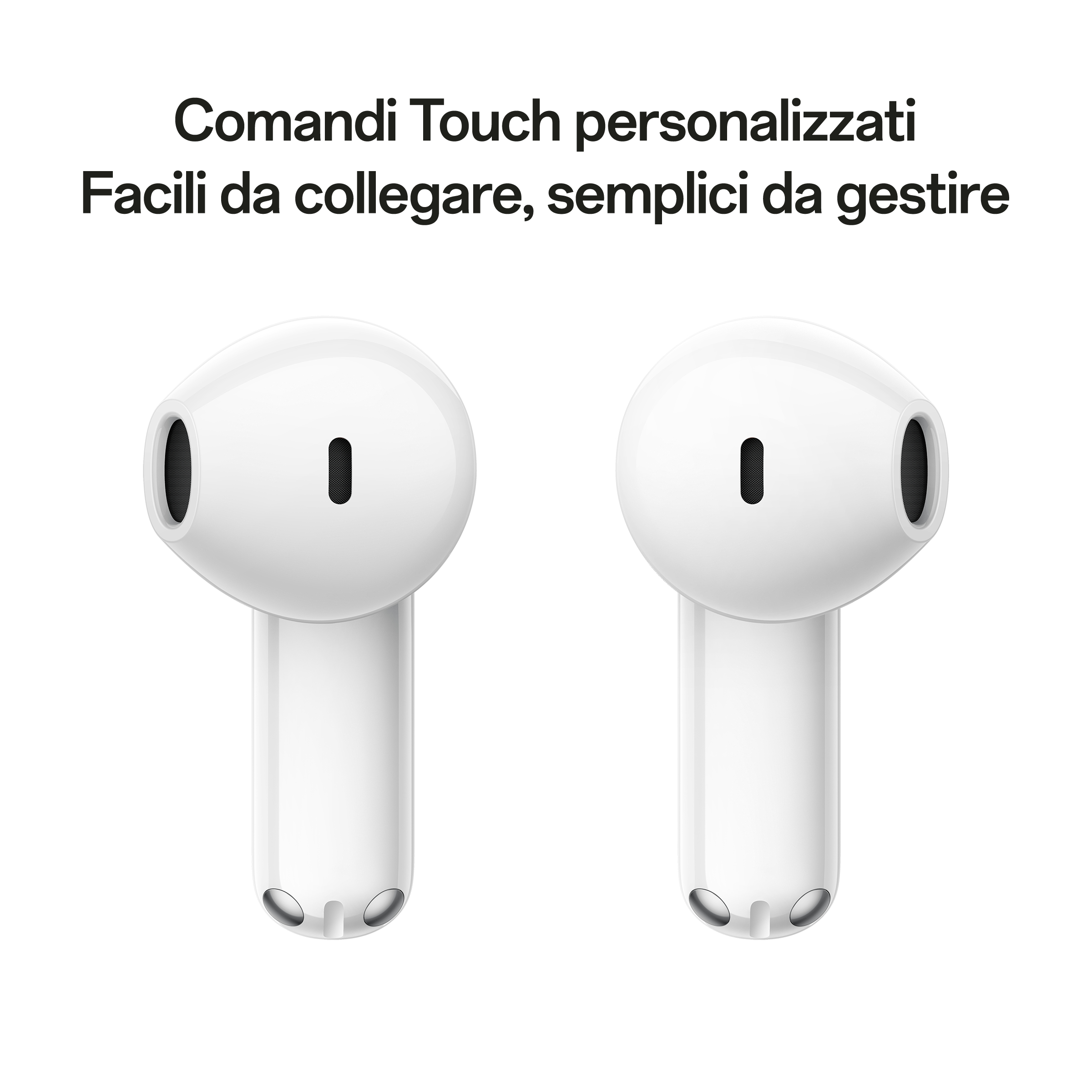 Twee witte Oppo oordopjes naast elkaar, met Italiaanse tekst erboven.