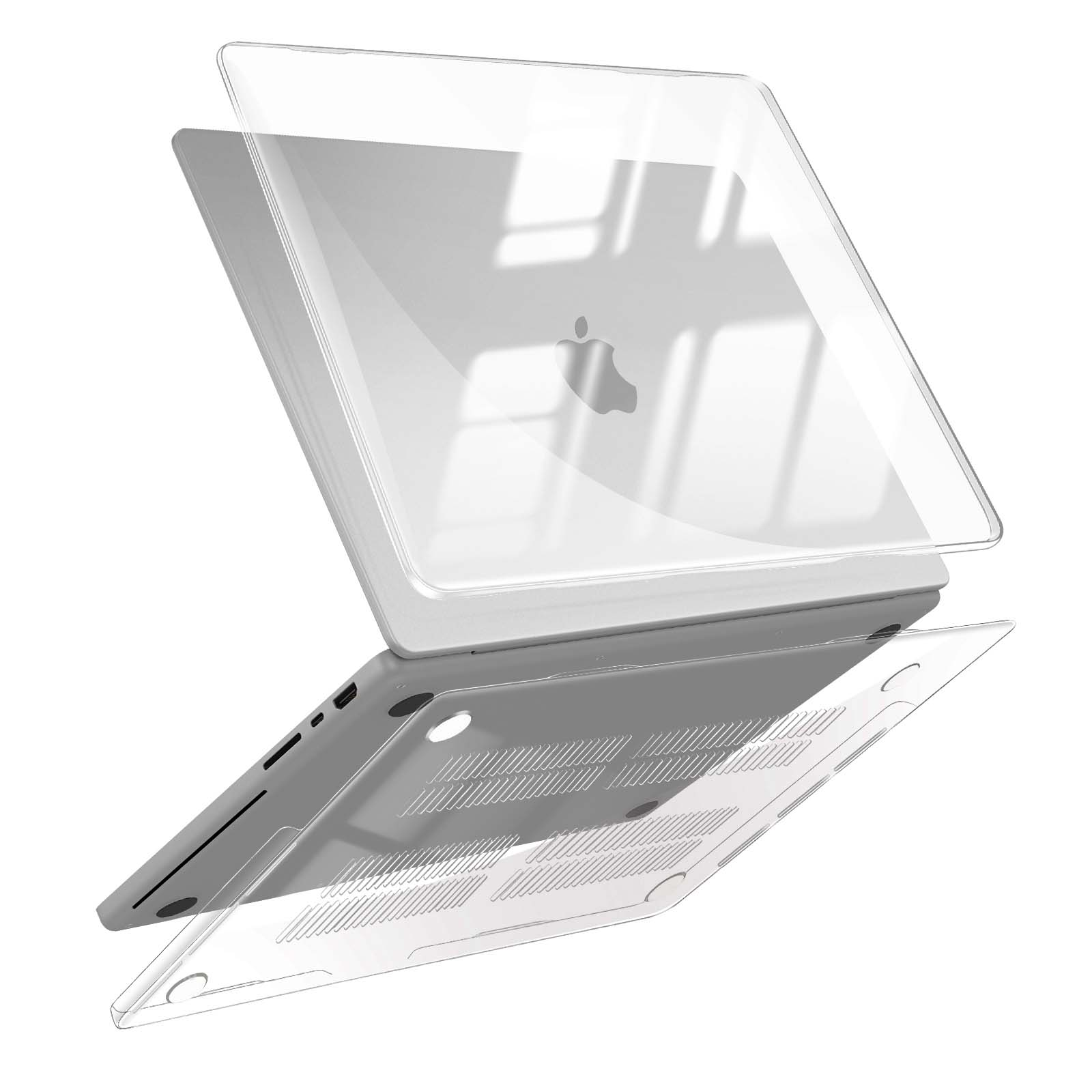 Un set di cover trasparenti per laptop, che mostra le parti superiore e inferiore, leggermente separate.