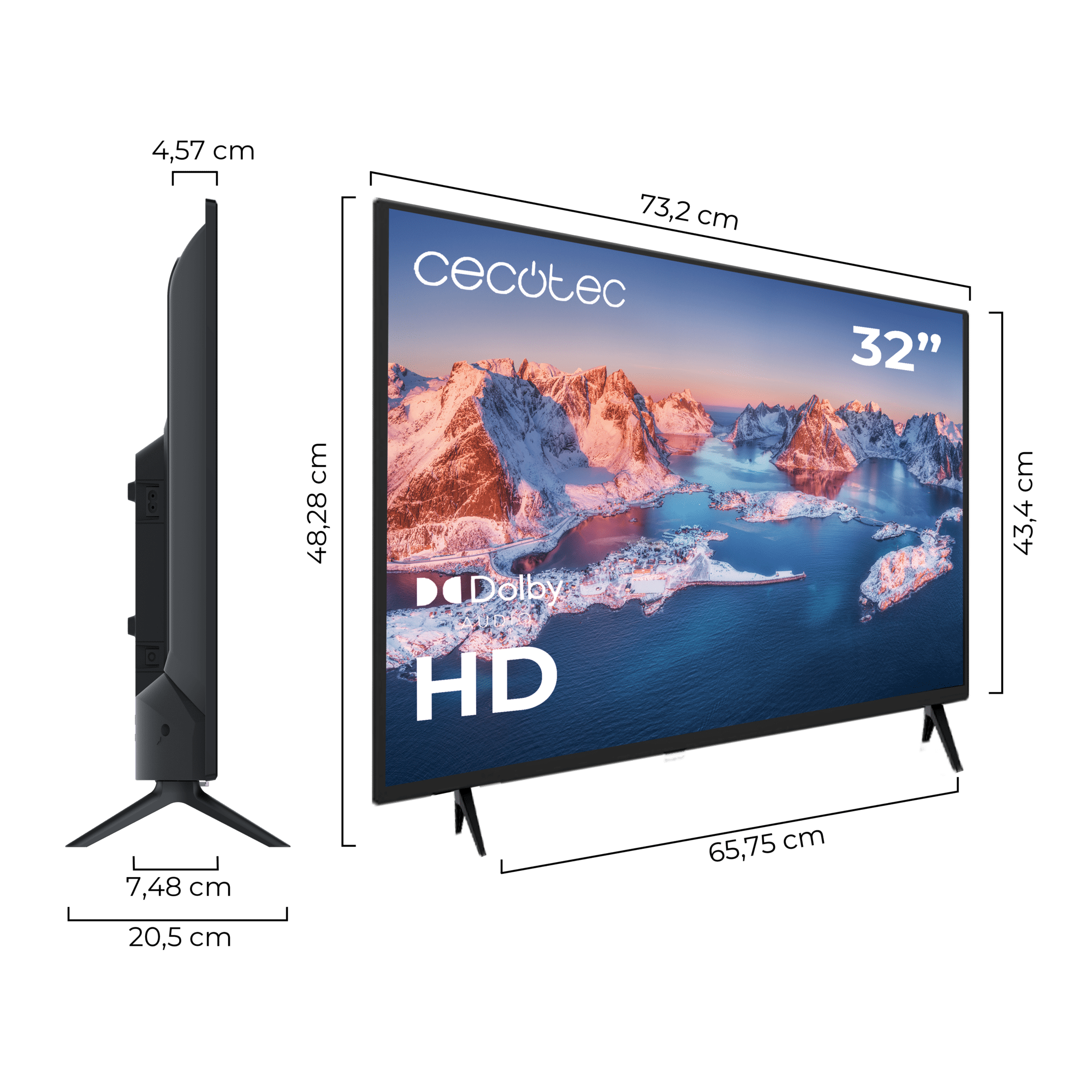 32-calowy telewizor Cecotec na zielonym tle, z wymiarami. Ekran wyświetla górski krajobraz.