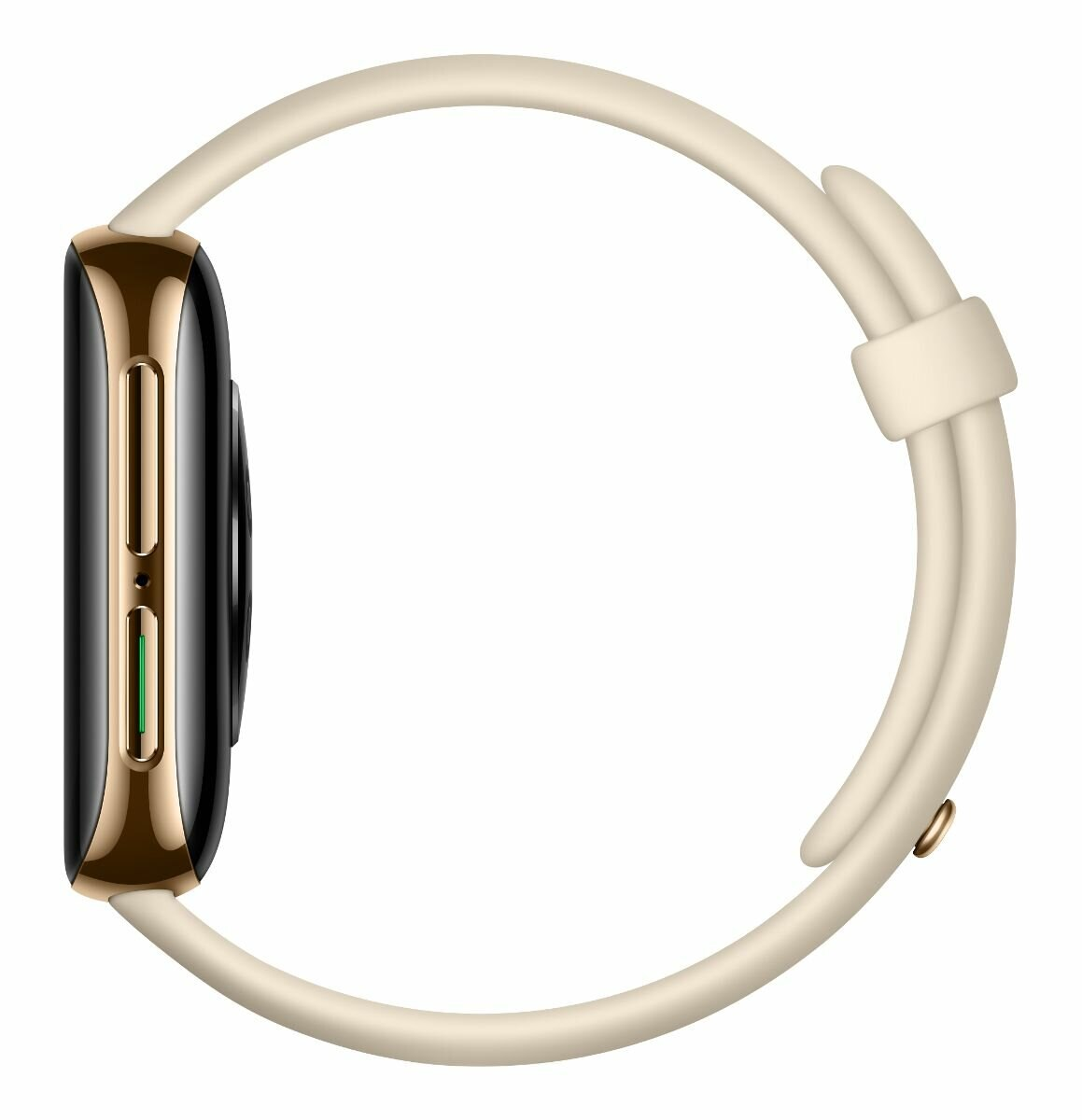 Seitenansicht einer Smartwatch mit cremefarbenem Armband und goldfarbenem Rahmen.