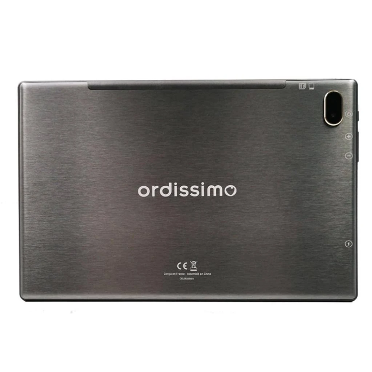 Een grijze tabletcomputer, achterkant, met het woord 'ordissimo' erop geschreven. Het heeft een CE-markering en andere details.