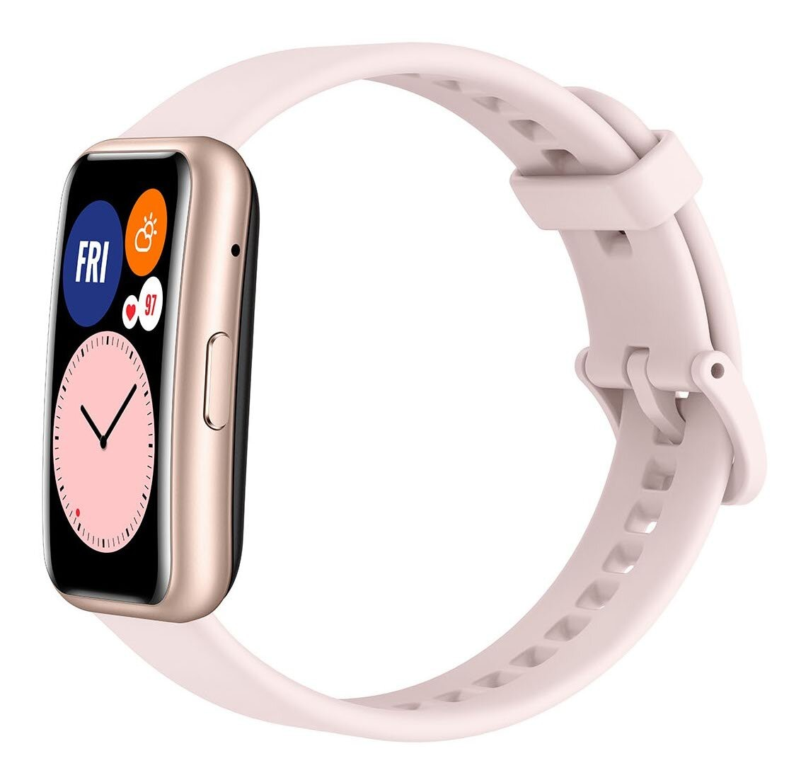 Różowy smartwatch ze złotą ramką i różowym paskiem. Ekran wyświetla informacje.