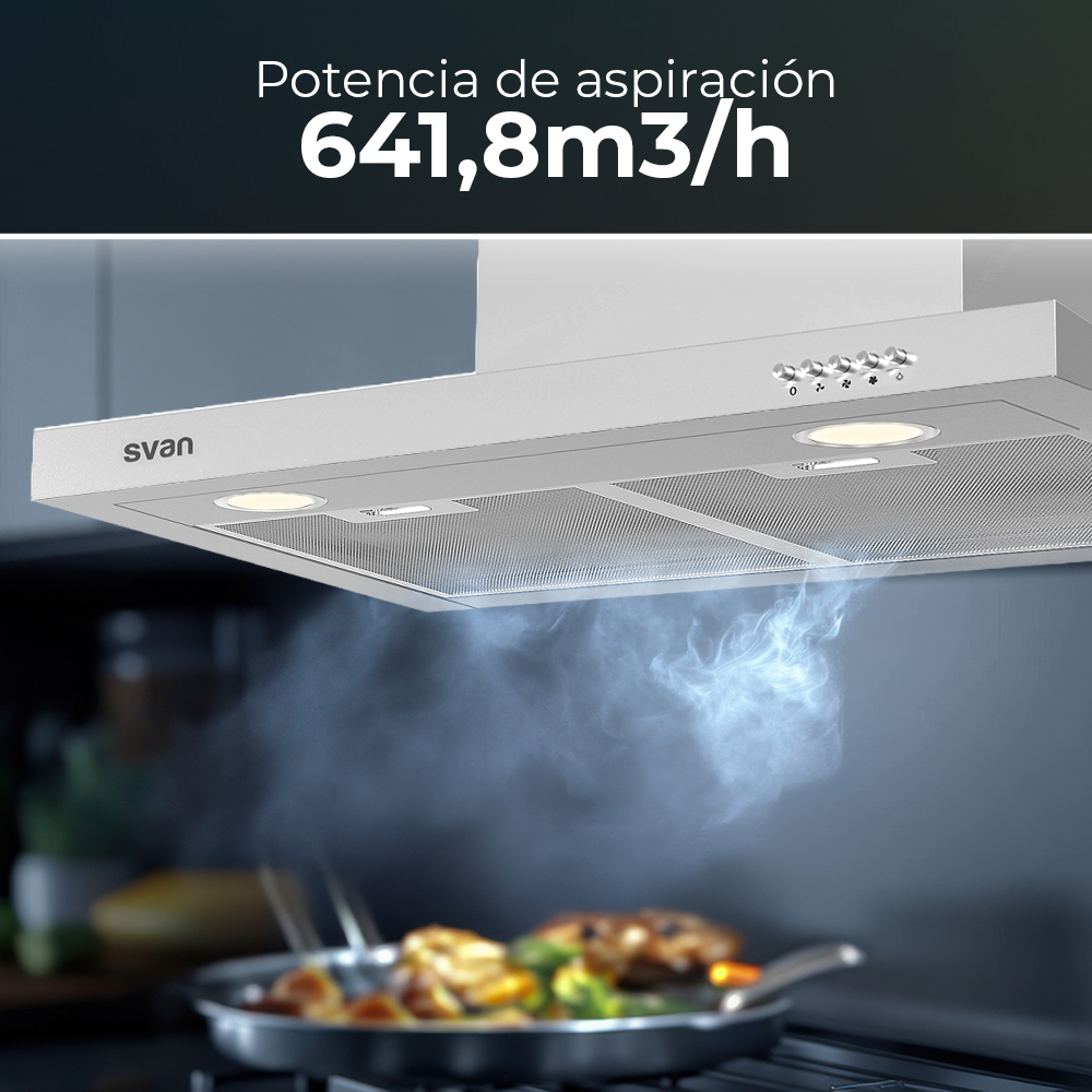 Una campana extractora blanca con texto que indica 641,8 m3/h de potencia de aspiración, con vapor y comida.