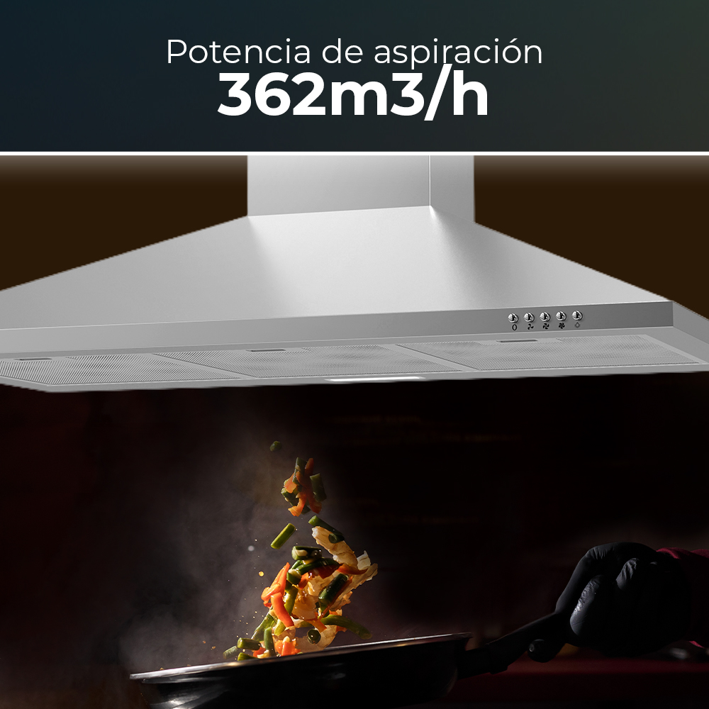 Campana extractora de acero inoxidable con verduras salteándose en una sartén. La campana está etiquetada con 362m3/h.