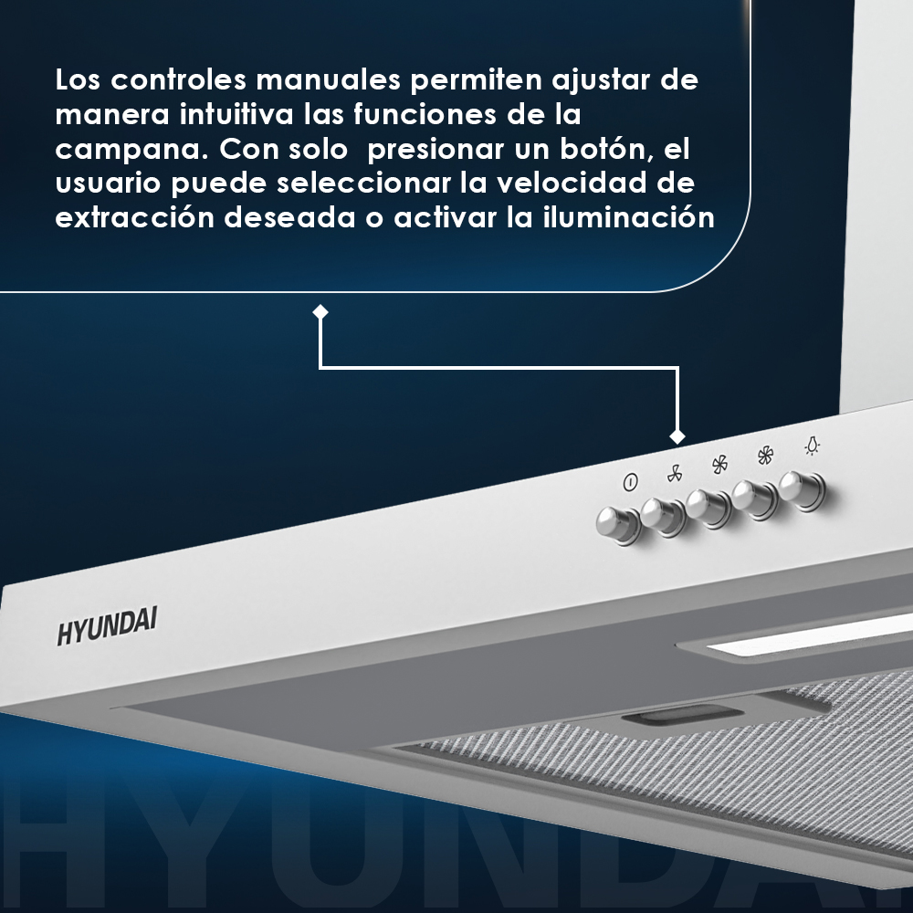 Primer plano de una campana extractora con botones de control. El texto dice que los controles manuales ajustan las funciones.