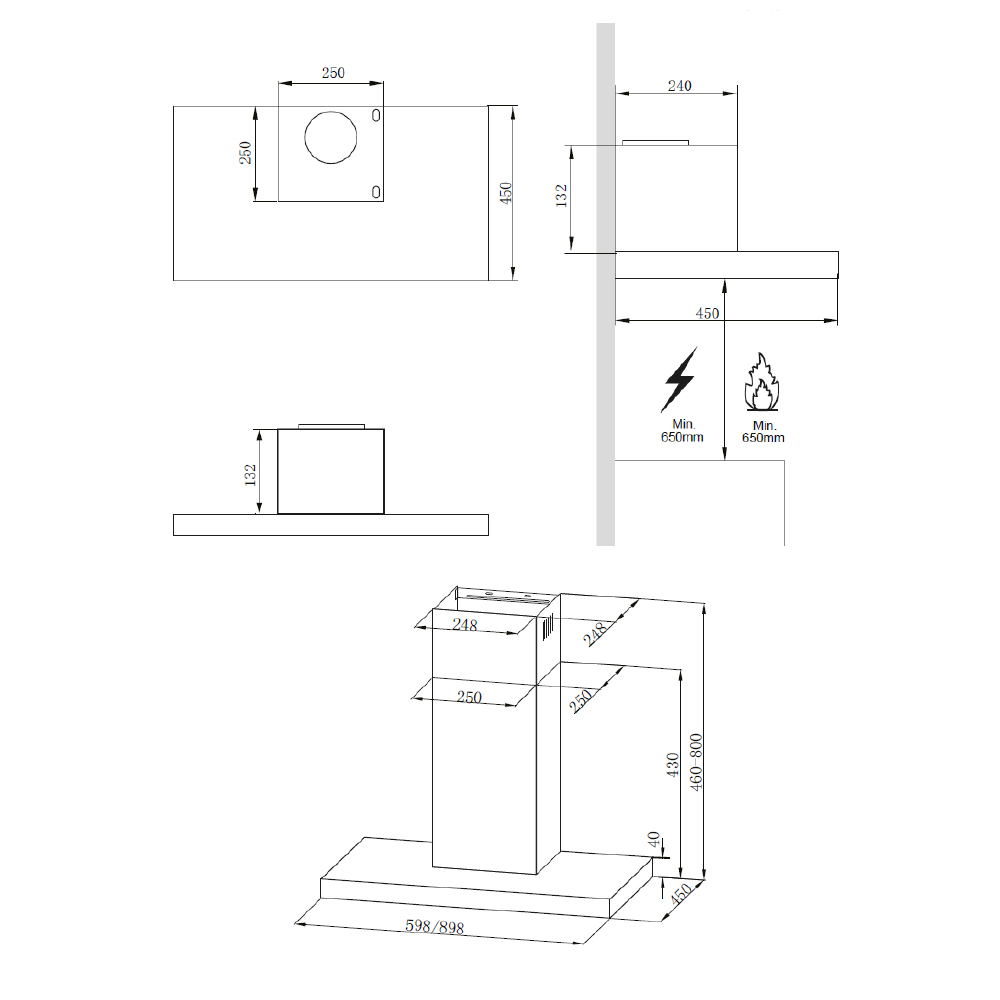 Dibujo técnico de una campana extractora, con dimensiones y medidas indicadas. Es un esquema.