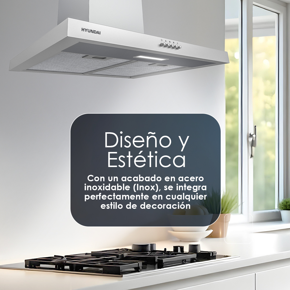 Una campana extractora blanca sobre una estufa negra, con una ventana y texto sobre diseño.