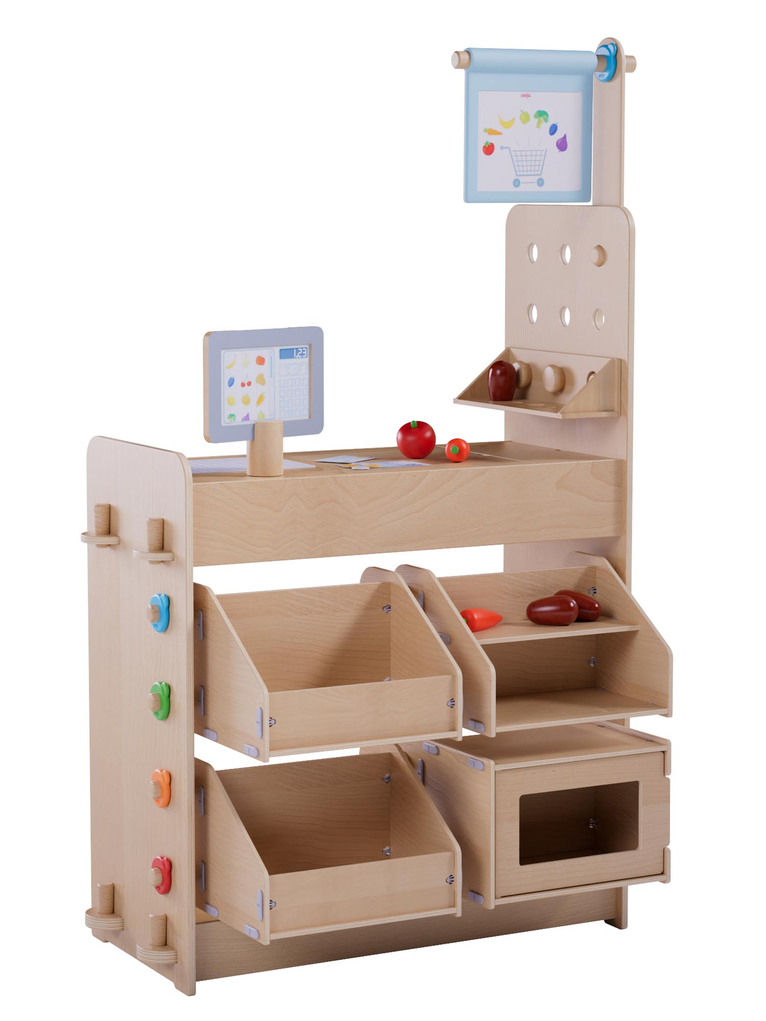 Holzspielzeugladen mit Computer, Regalen und Spielzeugessen. Inklusive Schild.