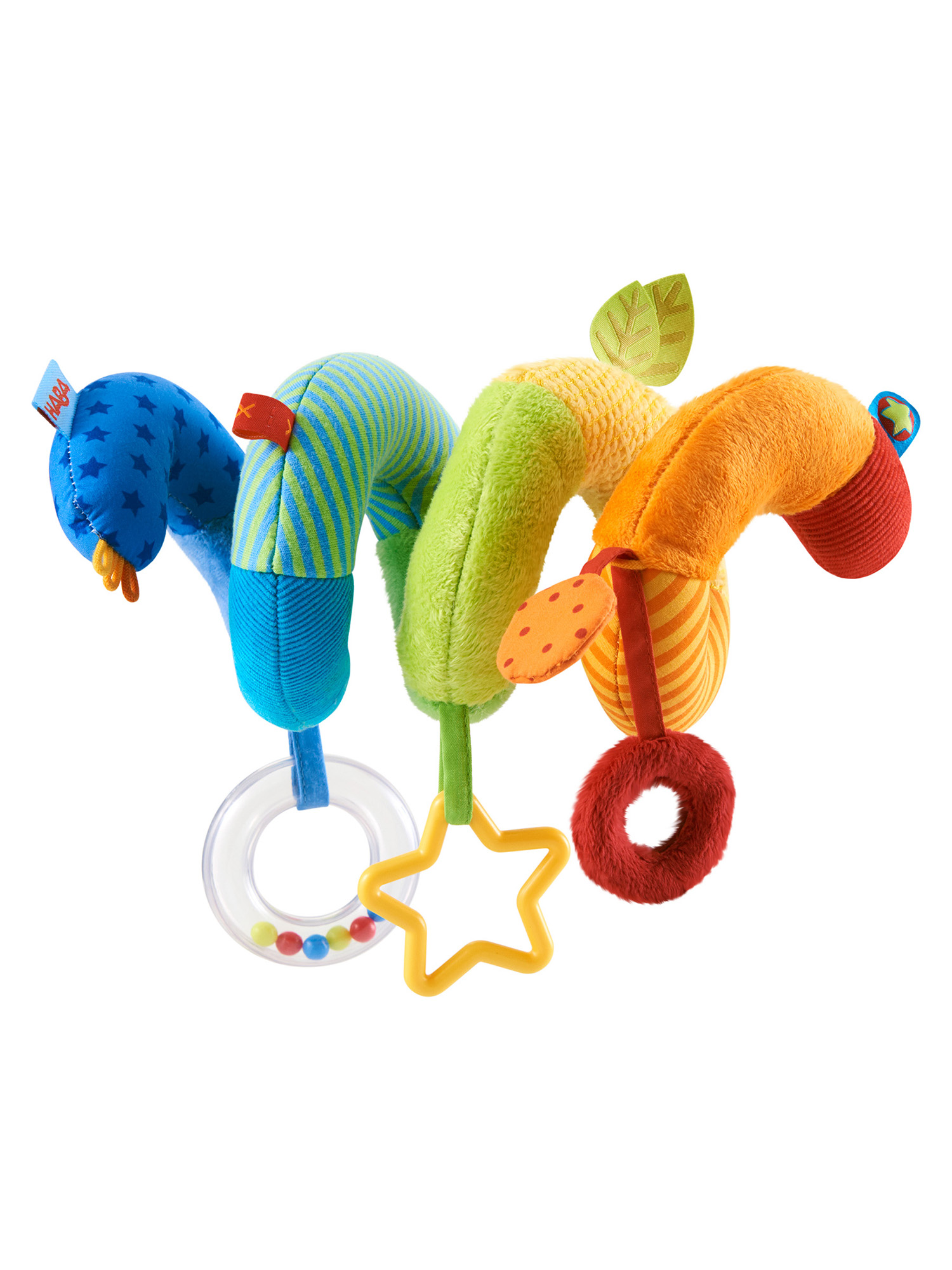Ein farbenfrohes Babyspielzeug mit blauen, grünen und orangen Segmenten, das an einem durchsichtigen Ring und einem gelben Stern hängt.