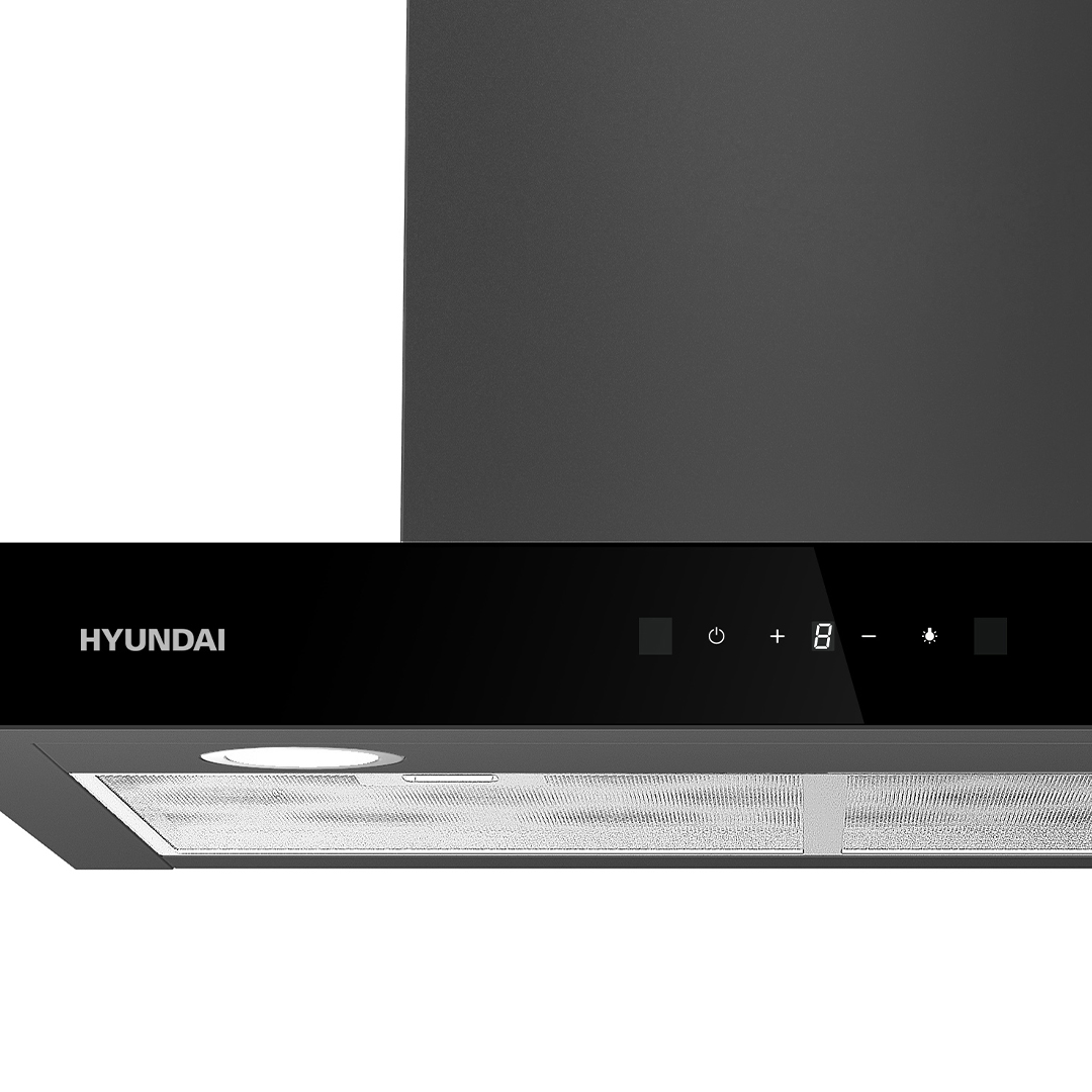 Una campana extractora negra con un panel de control digital. Tiene luz y filtro de malla de acero inoxidable.