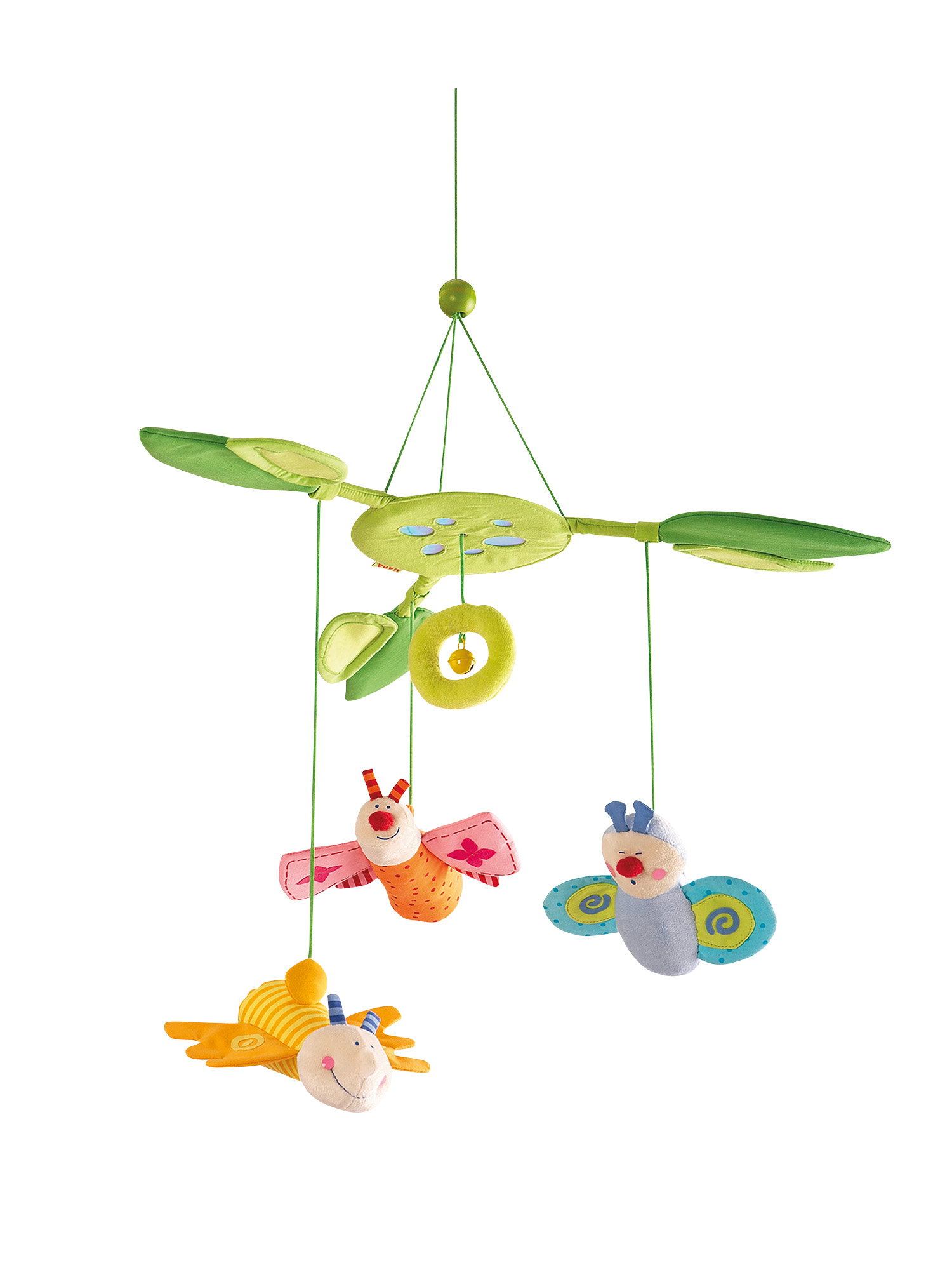 Babymobile mit bunten Stoffschmetterlingen und einer Biene, die an grünen Stielen hängt.