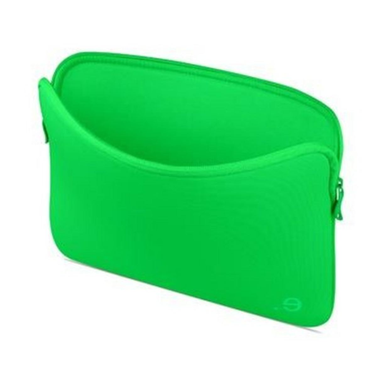 Une housse d'ordinateur portable vert vif avec fermeture éclair ouverte, révélant l'intérieur. Fond blanc.