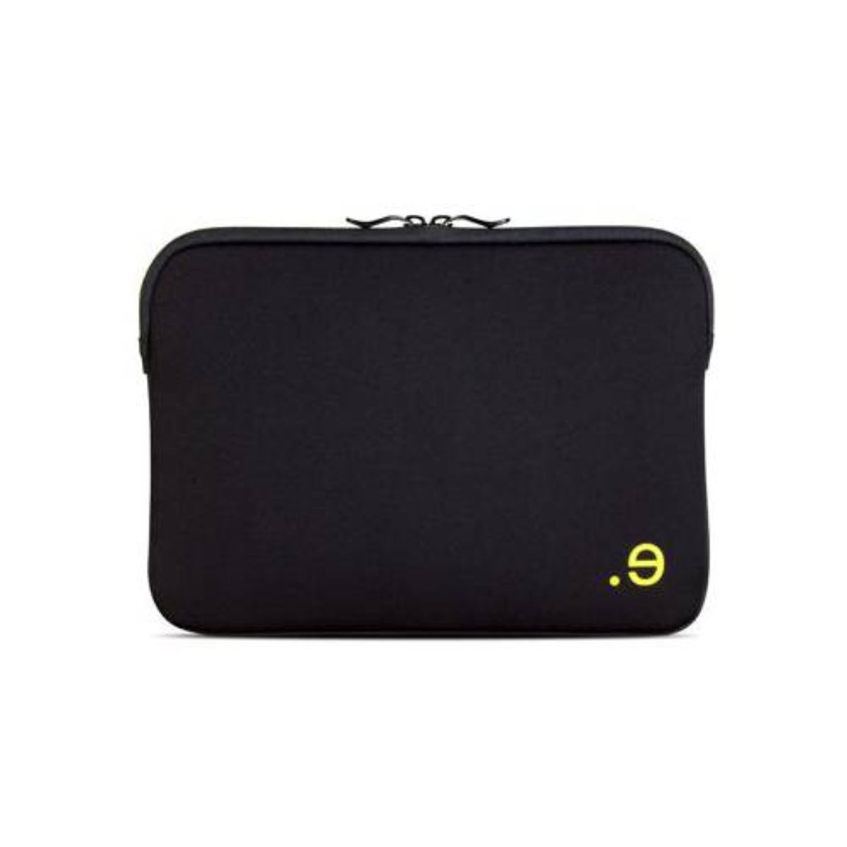 Schwarze Laptoptasche mit gelbem Logo auf der Vorderseite. Das Logo ist ein Kreis mit einem Punkt.