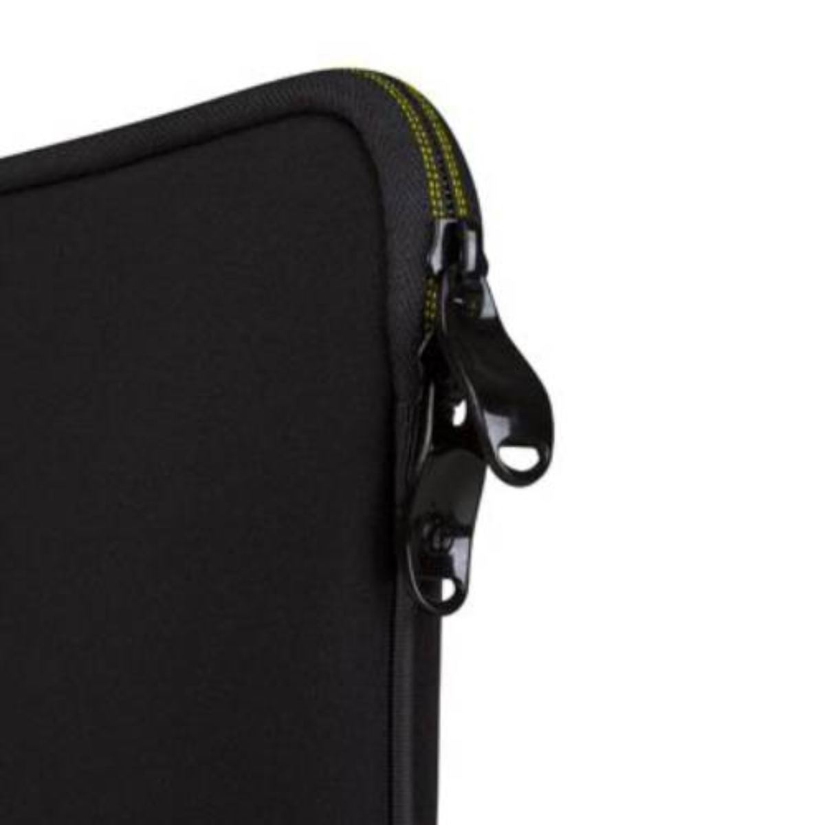 Nahaufnahme des Reißverschlusses einer schwarzen Laptoptasche. Der Reißverschluss hat gelbe Nähte.