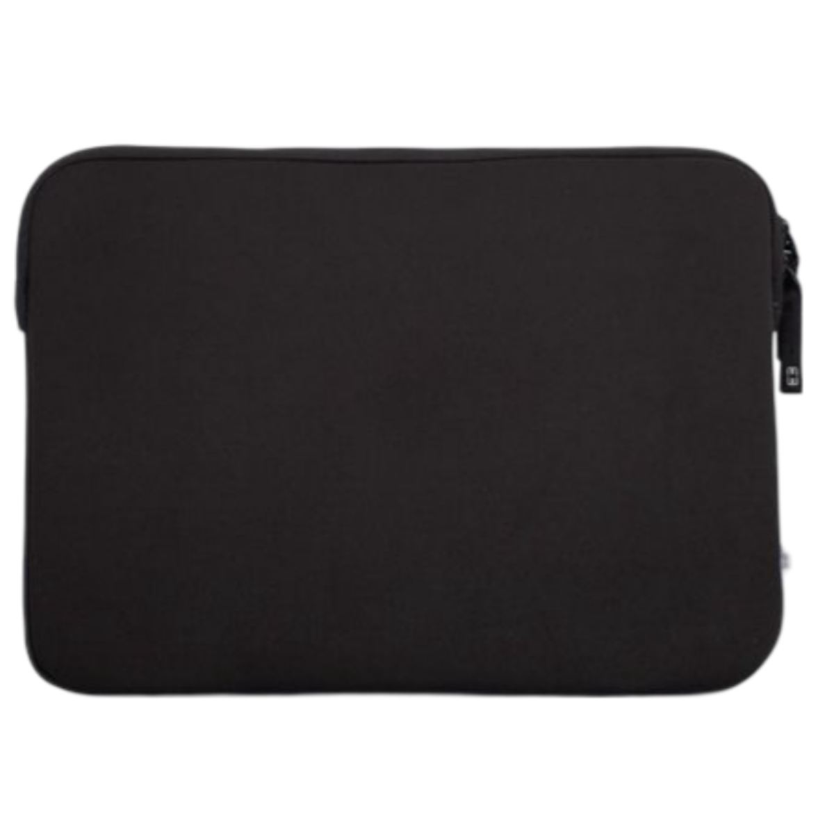 Un étui d'ordinateur portable noir. Il est rectangulaire et possède une fermeture éclair sur le côté.