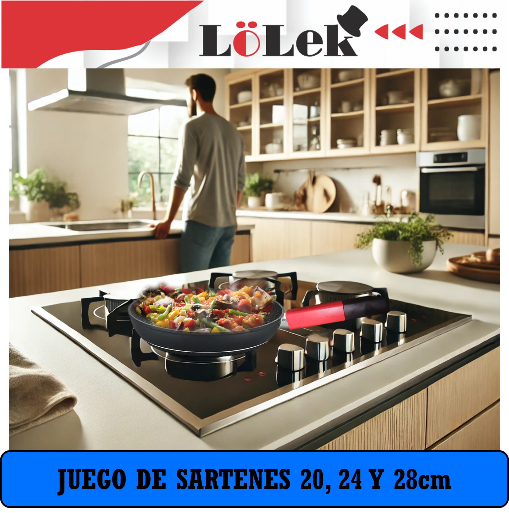 Escena de cocina con un hombre mirando una sartén con comida. La sartén está en una placa de inducción.