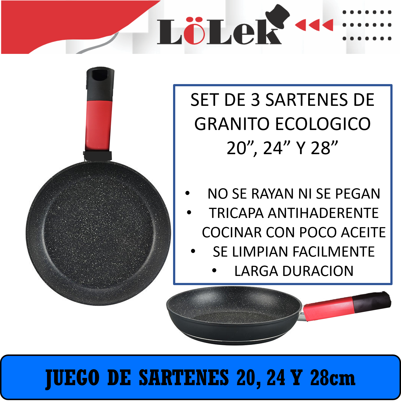 Un juego de tres sartenes negras con mangos rojos. Texto sobre las sartenes a la derecha.