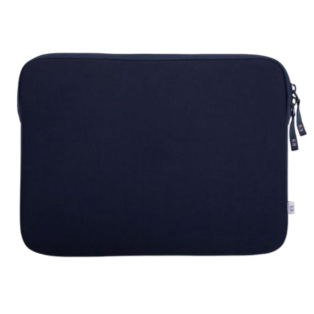Eine marineblaue Laptoptasche mit Reißverschluss und kleinem Etikett an der Seite.