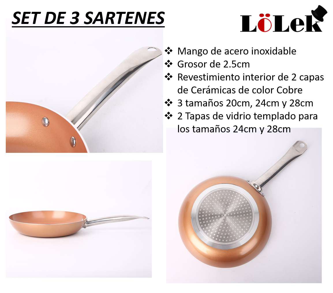 Primer plano de sartén de cobre con mango de acero. Mango y sartén sobre superficie blanca.