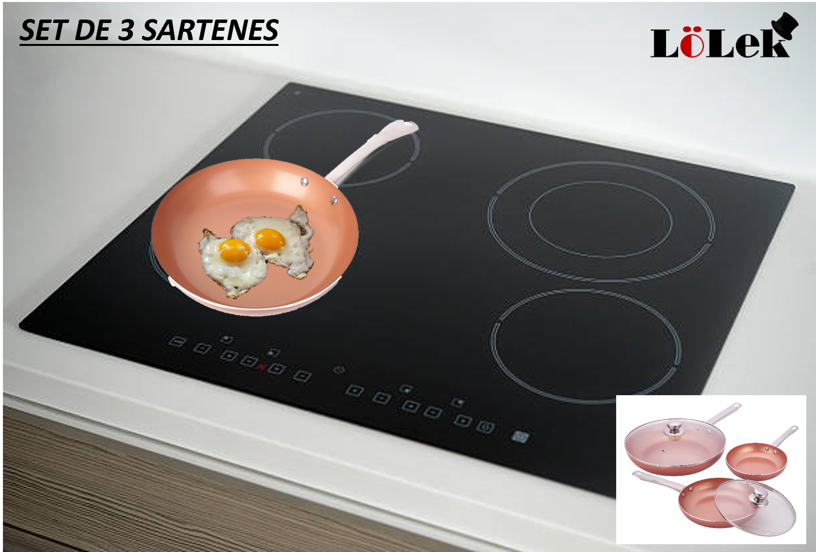 Sartén con dos huevos fritos en una placa de inducción negra. Logo Lolek arriba a la derecha.