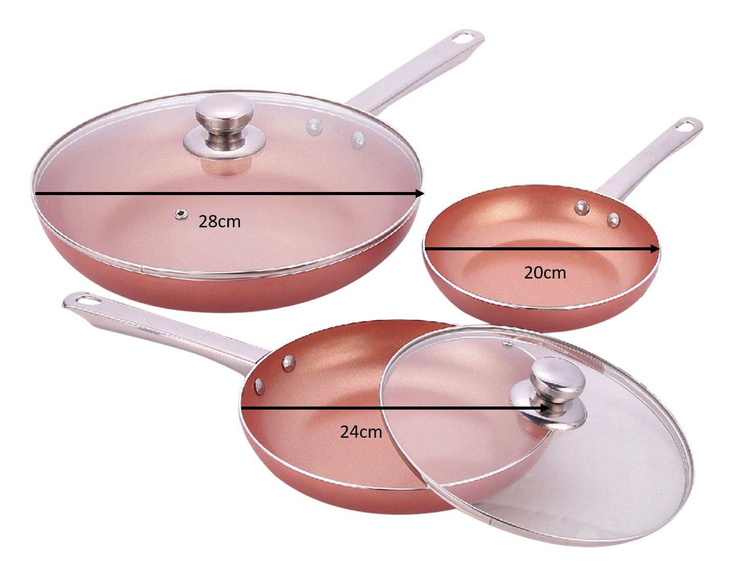Juego de tres sartenes cobrizas con tapas transparentes, una con tapa abierta. Se indican las dimensiones.