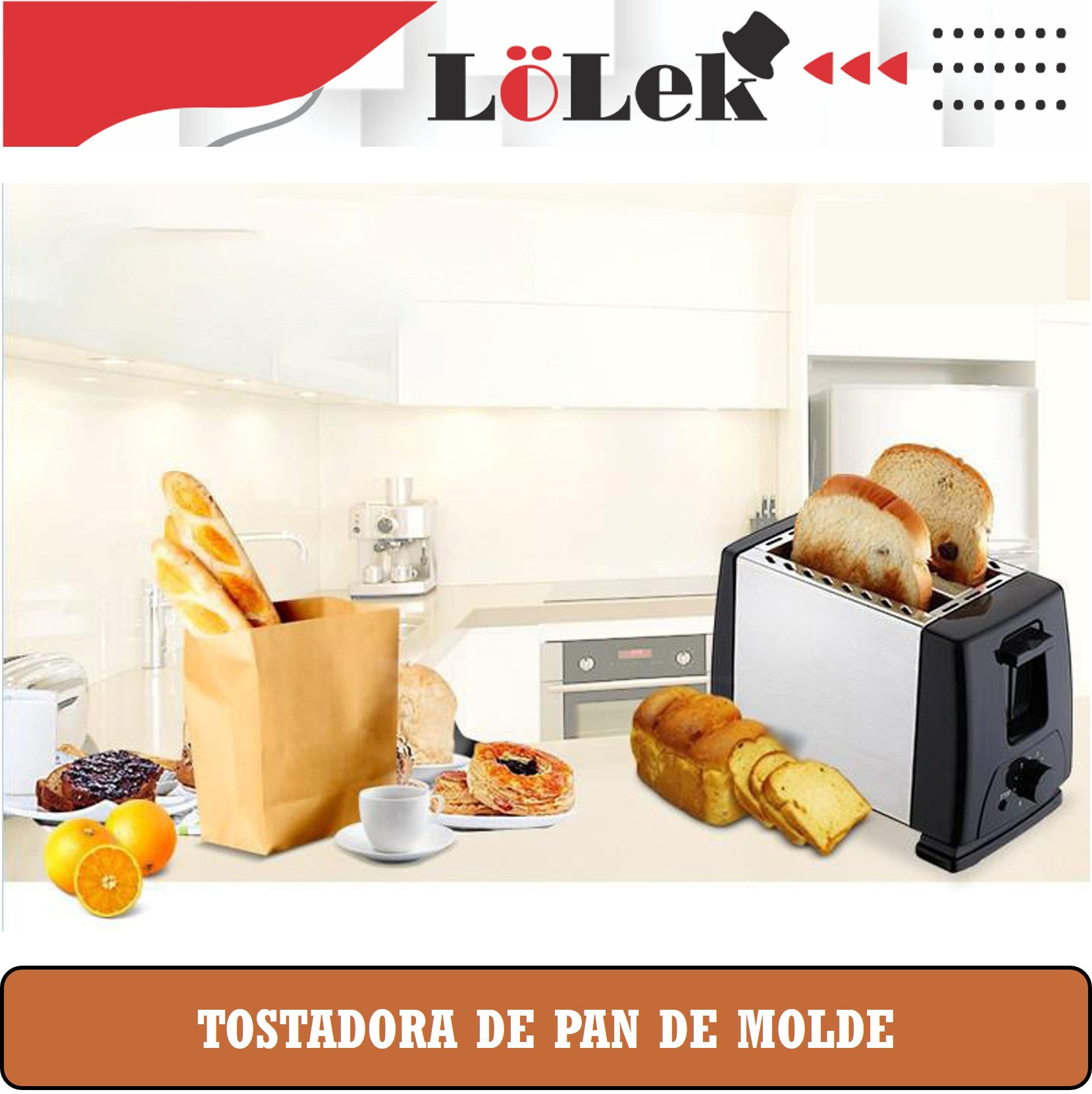 Tostadora con pan tostado, bolsa de papel con pan, naranjas y taza en ambiente de cocina.