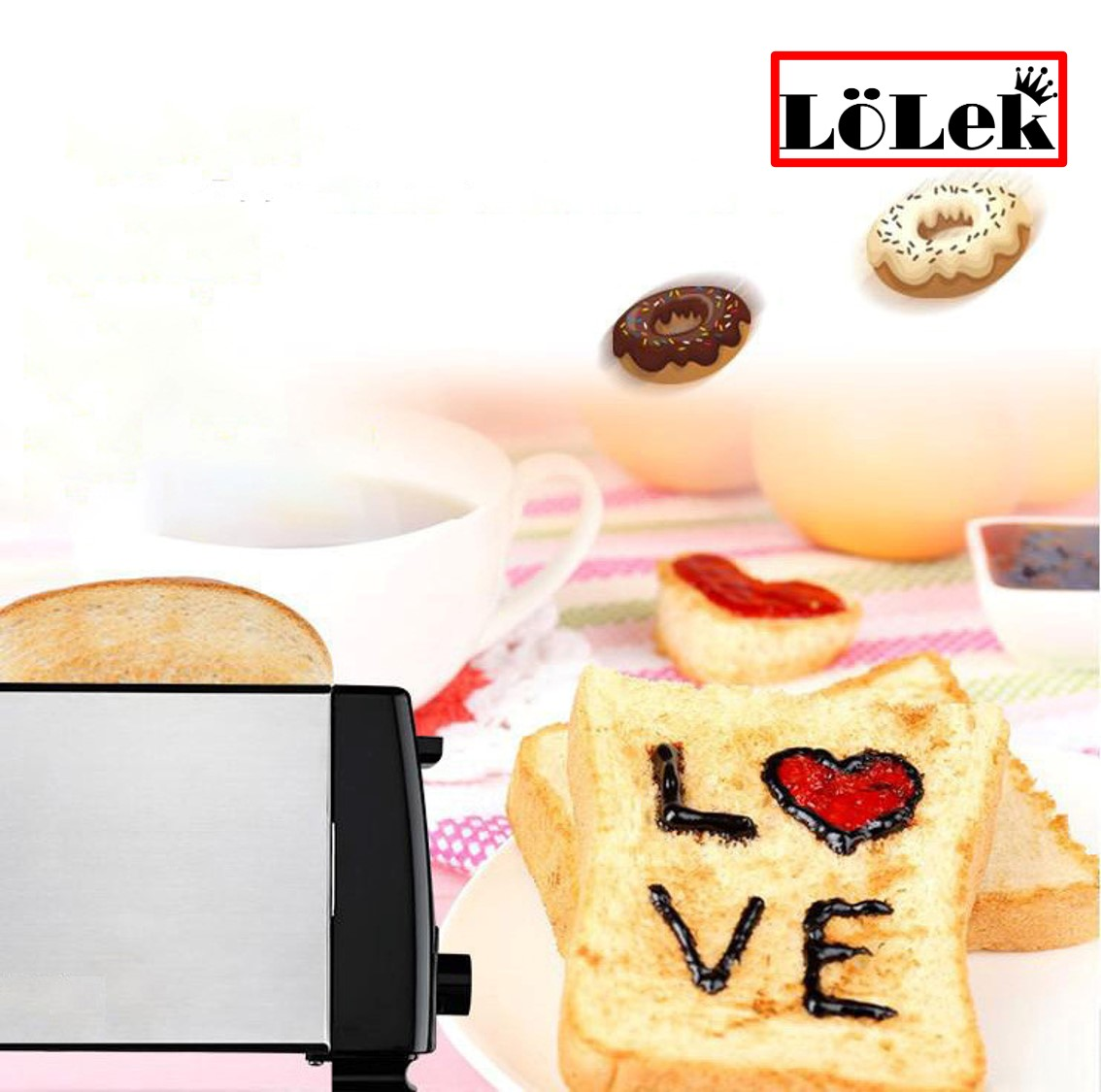 Tostadora con tostadas con "LOVE", rosquillas y taza, con fondo de cocina.