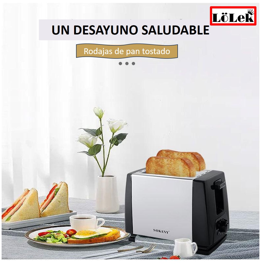 Una tostadora con pan tostado y sándwiches, con un entorno de desayuno y texto.