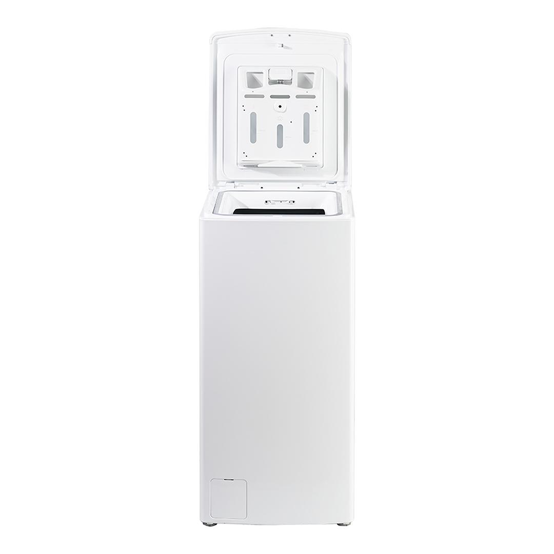 Lavadora blanca con tapa abierta. Interior blanco con divisor gris oscuro.