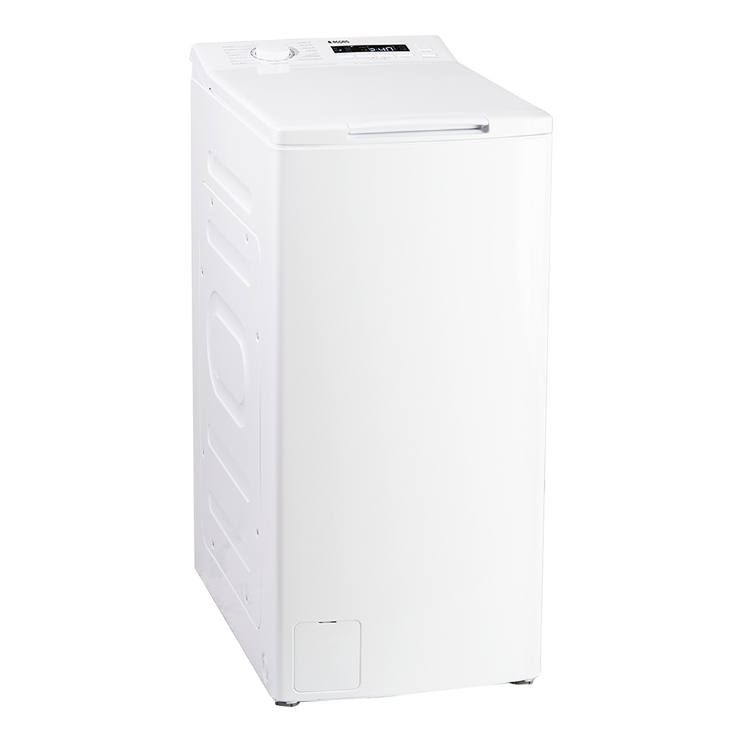 Lavadora blanca de carga superior. Tiene una pantalla digital y una perilla de control en la parte superior. La pared lateral tiene una pequeña puerta.